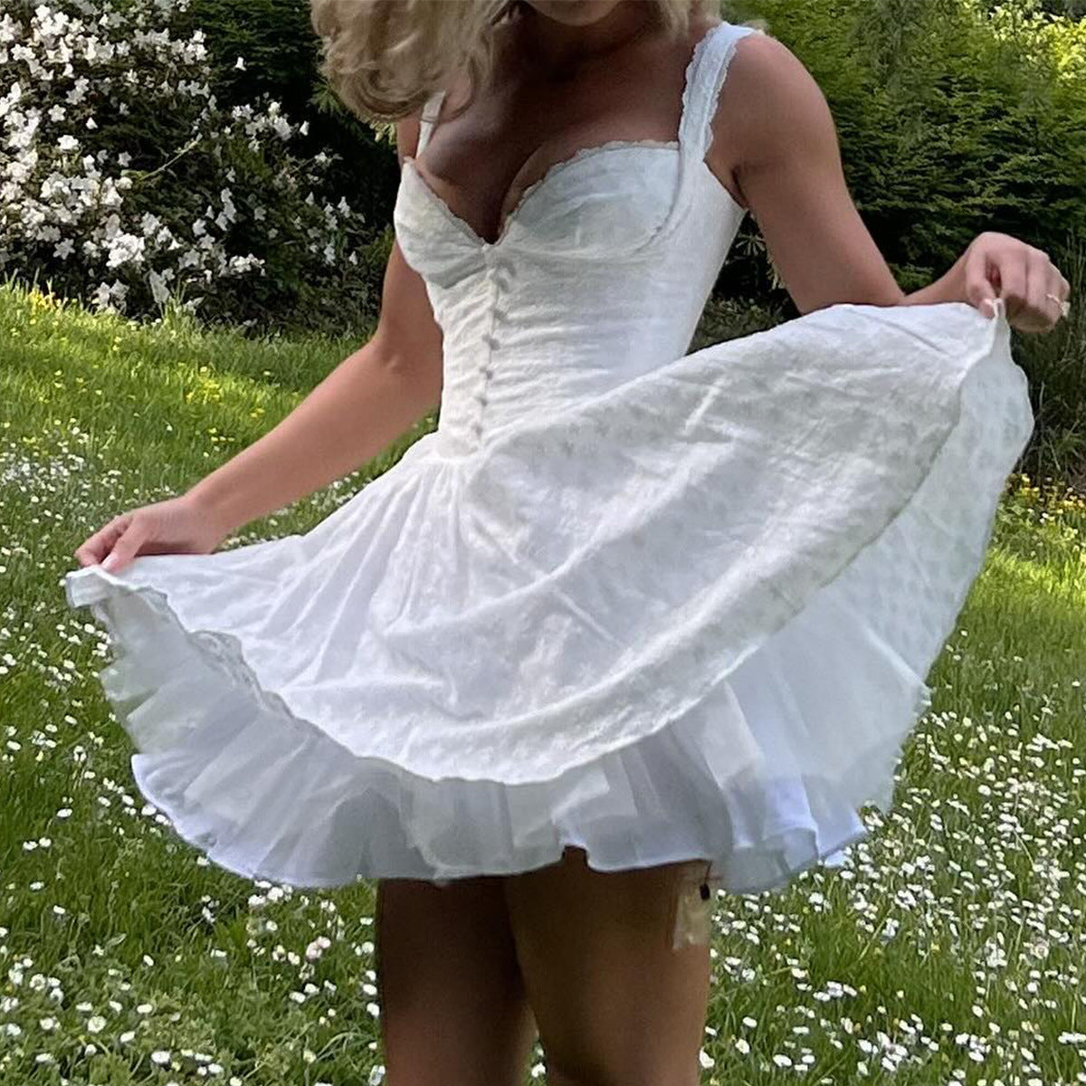 Lace Strap Embroidered V-Neck A-Line Mini Dress