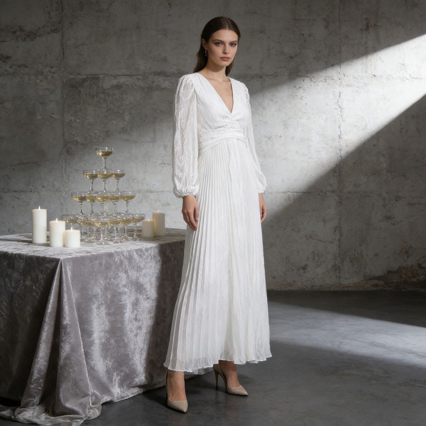 Deep V Lantern Sleeve Waist-Tight Pleated Maxi Dress