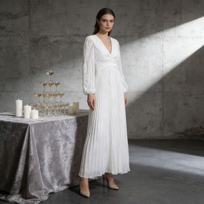 Deep V Lantern Sleeve Waist-Tight Pleated Maxi Dress
