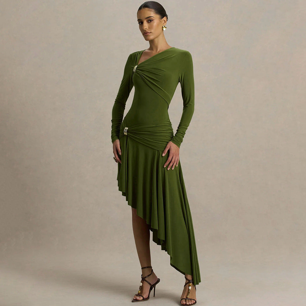 Slim Pleated Asymmetric Irregular Maxi Dress