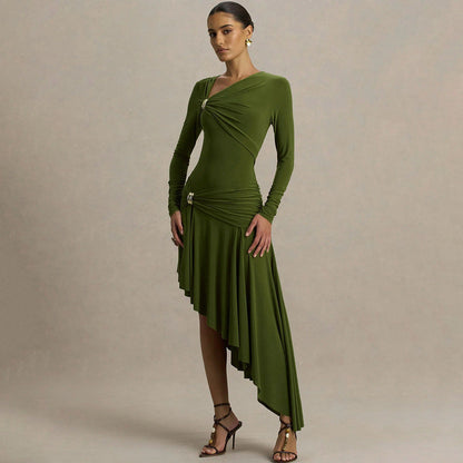 Slim Pleated Asymmetric Irregular Maxi Dress