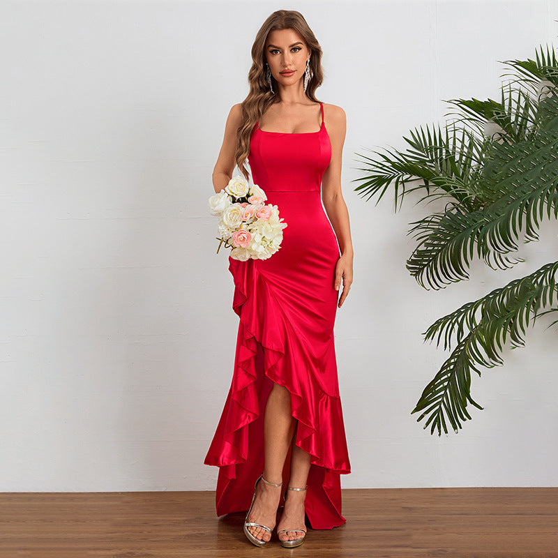 Spaghetti Strap Ruffle Slit Midi Dress