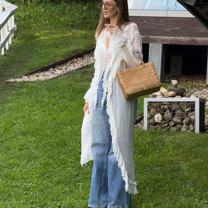 Sheer Ruffle Long Sleeve Single-Breasted Chiffon Dress