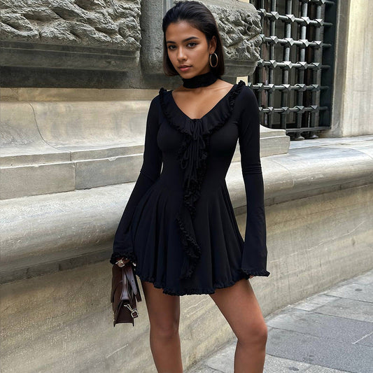 V-Neck Flounce Chiffon Patchwork Slim A-Line Dress