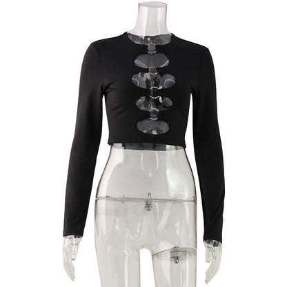 Metal Ring Hollow-Out Round Neck Long Sleeve Top