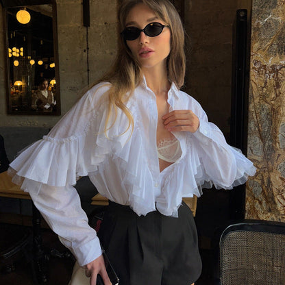 French Ruffle Polo Collar Cotton Office Shirt