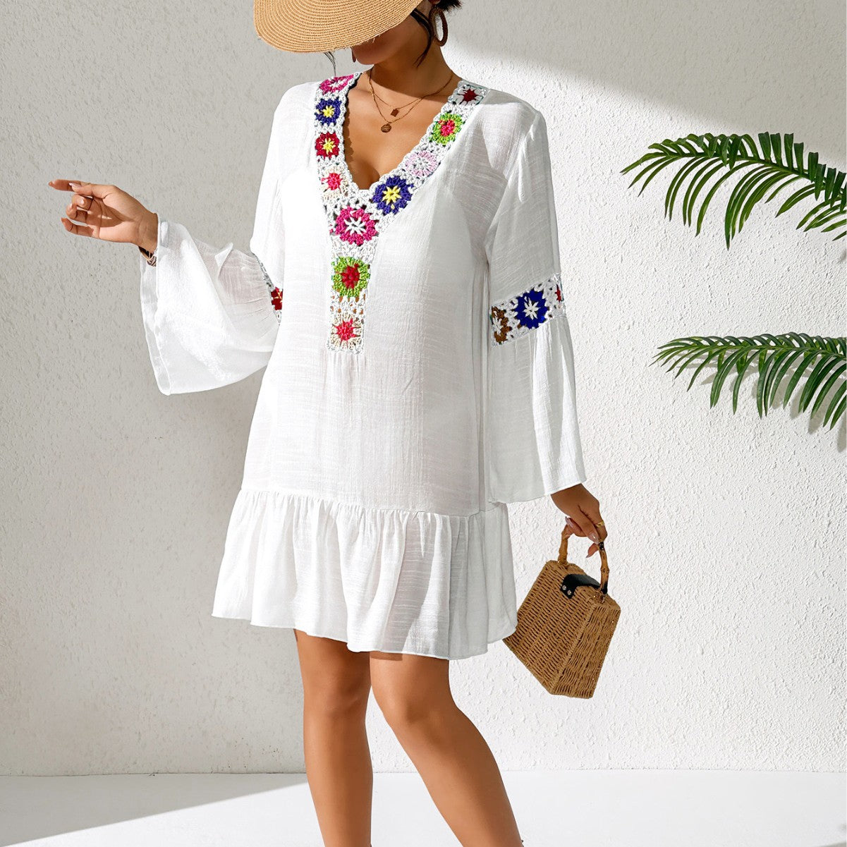 Mixed Color Crochet Ruffle V-Neck Beach Dress