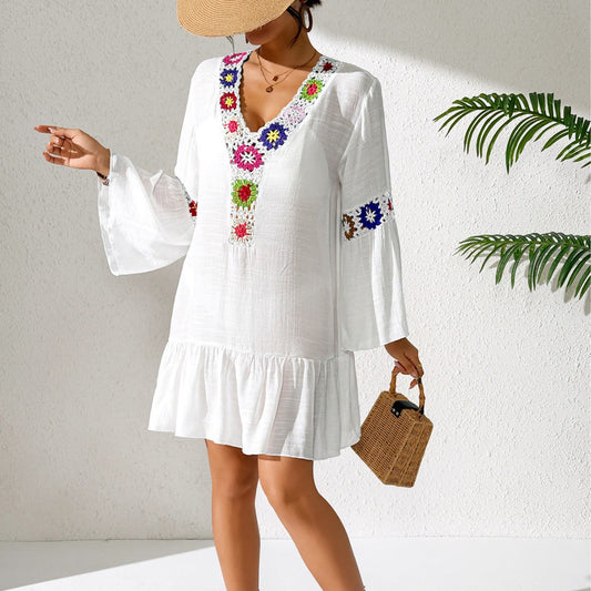 Mixed Color Crochet Ruffle V-Neck Beach Dress