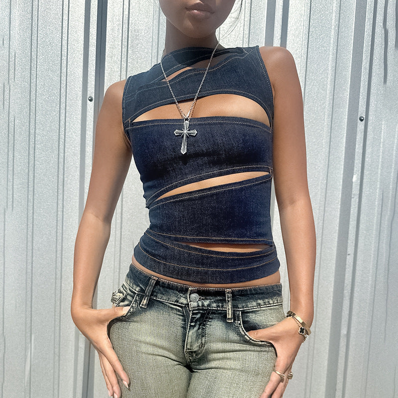 Cutout Zipper Denim-Look Crop Vest Top