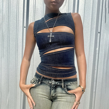 Cutout Zipper Denim-Look Crop Vest Top