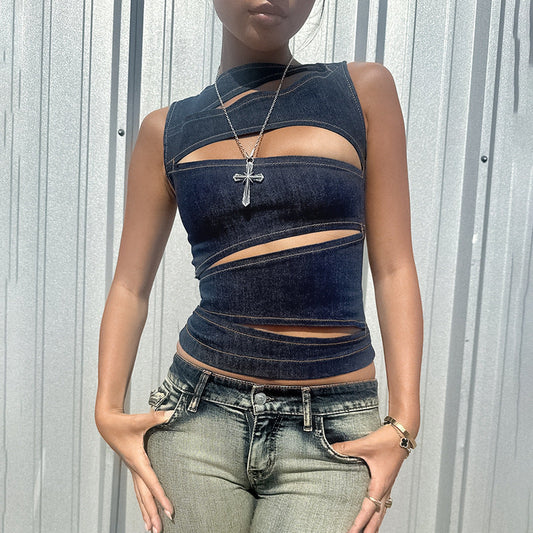 Cutout Zipper Denim-Look Crop Vest Top