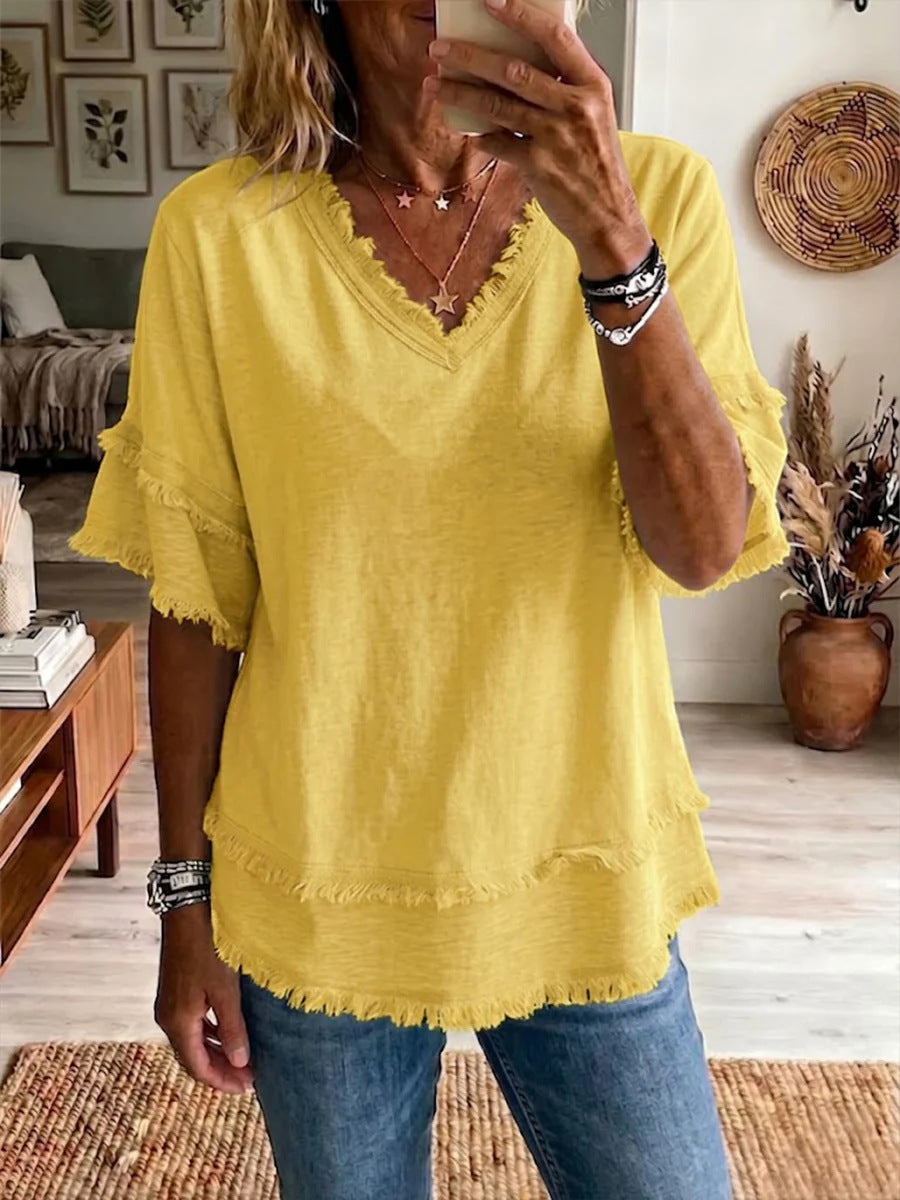 V-Neck Loose Short Sleeve Casual Pullover Top