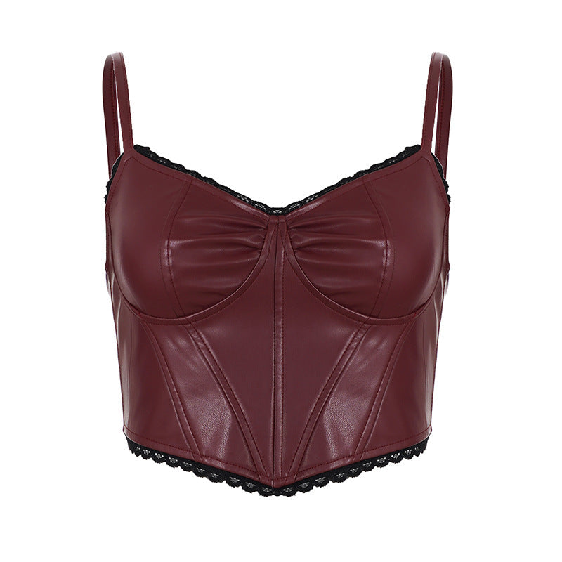 Lace Stitching Faux Leather Short Split Chest Strap Vest