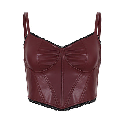Lace Stitching Faux Leather Short Split Chest Strap Vest