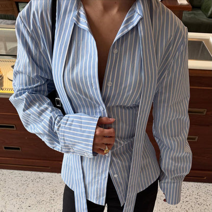 Striped Lace-Up Waist-Controlled Long Sleeve Cardigan Shirt