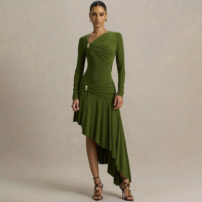 Slim Pleated Asymmetric Irregular Maxi Dress