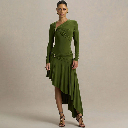 Slim Pleated Asymmetric Irregular Maxi Dress