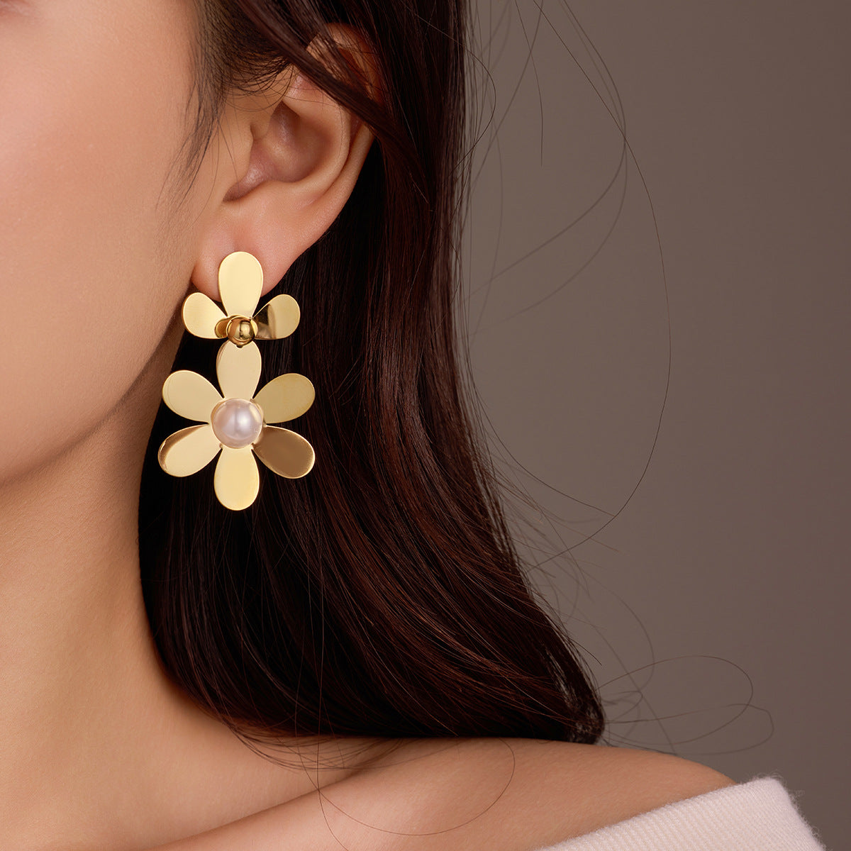 Petal Fringe Pearl Titanium Steel Ear Studs