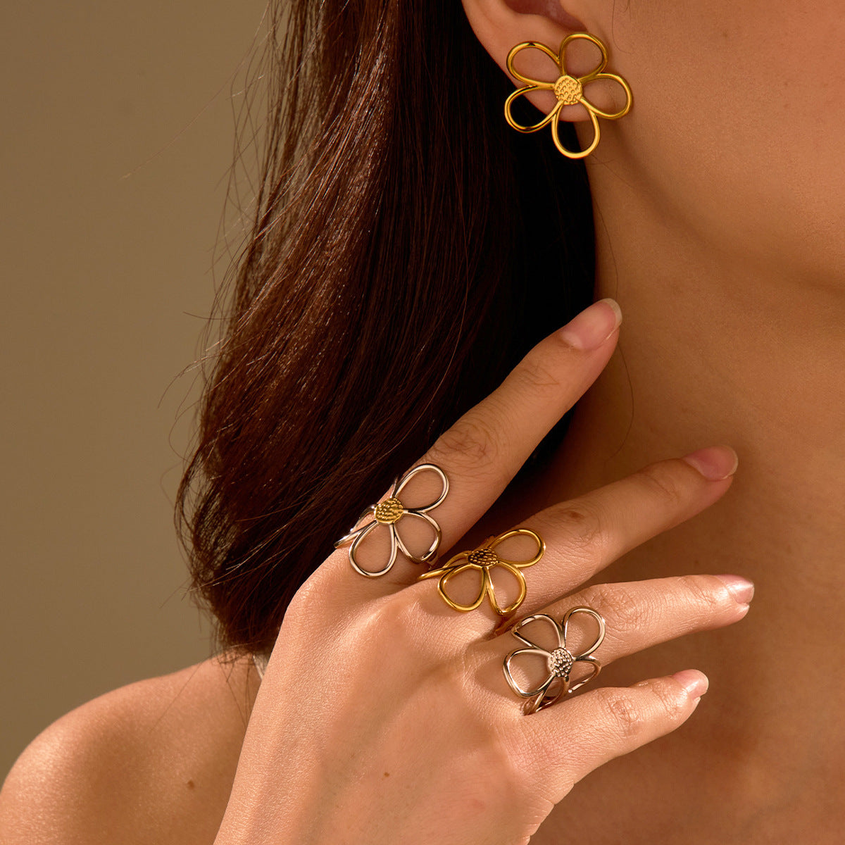 Floral Titanium Steel Ring & Earrings Set