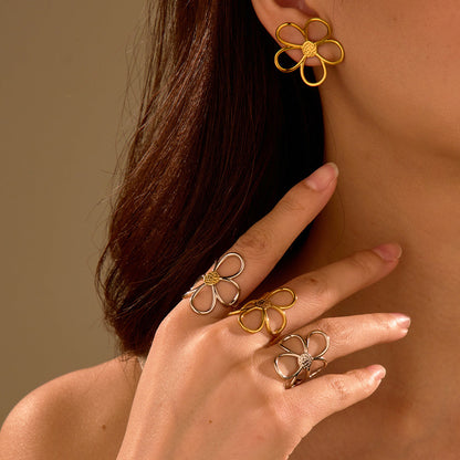 Floral Titanium Steel Ring & Earrings Set