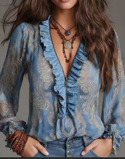 Boho Deep V Paisley Ruffle Chiffon Shirt