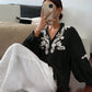 Pearl Button Embroidered Lantern Sleeve V-Neck Top