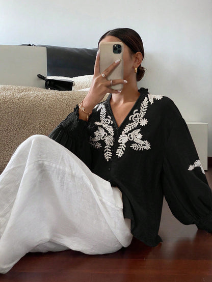 Pearl Button Embroidered Lantern Sleeve V-Neck Top