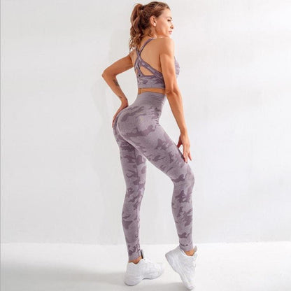 3pcs Women Carmful Camo Yoga Set Women Seamless Fitness Yoga Bra Sport